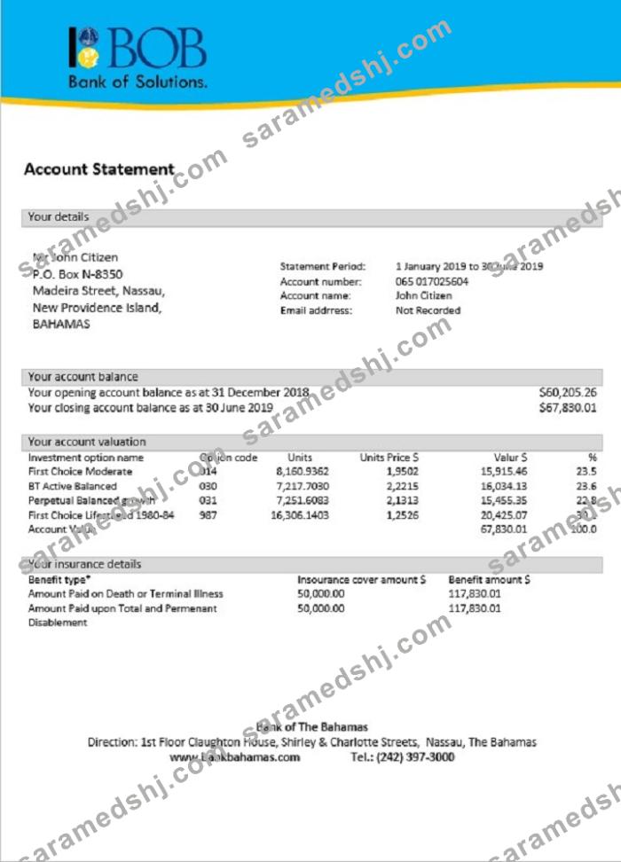 Bahamas Bank of The Bahamas bank statement